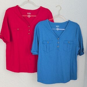 Pair of Croft & Barrow Casual Ladies V neck cuffed sleeve shirts | Size XL